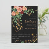 Burnt Gold Black Boho Floral Fall Rustikale Hochze Einladung (Stehend Vorderseite)