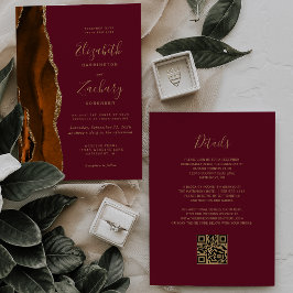 Burnt Orange Agate Burgundy Gold QR Code Wedding Einladung