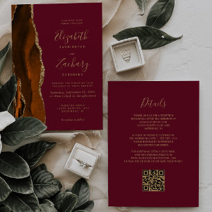 Burnt Orange Agate Burgundy Gold QR Code Wedding Einladung