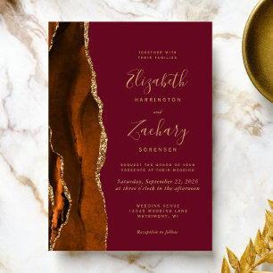 Burnt Orange Agate Burgundy Gold Wedding Einladung