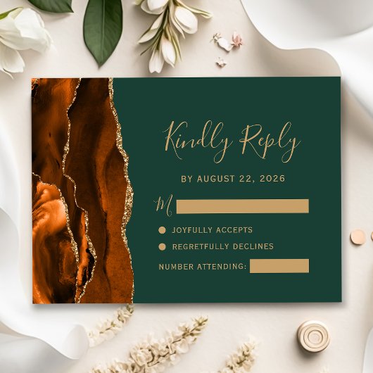 Burnt Orange Agate Emerald Green Wedding RSVP Karte