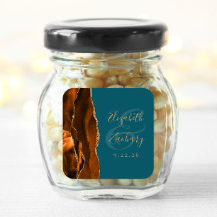 Burnt Orange Agate Gold Aquamarine Hochzeit Quadratischer Aufkleber