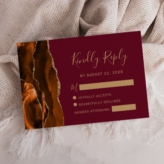 Burnt Orange Agate Gold Burgundy Wedding RSVP Karte