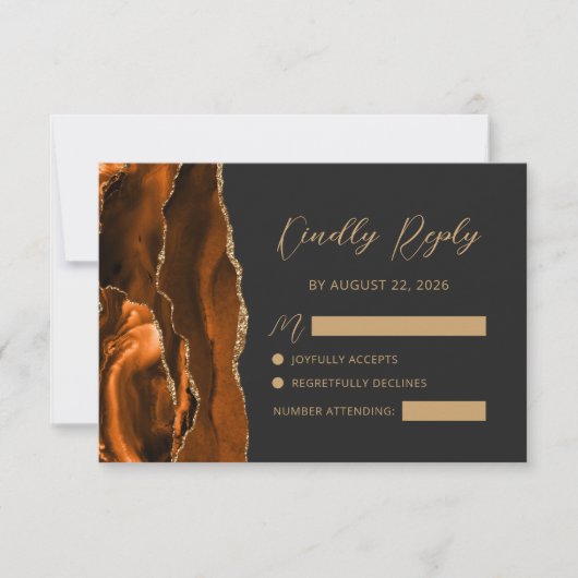 Burnt Orange Agate Gold Calligraphy Script Wedding RSVP Karte (Vorderseite)