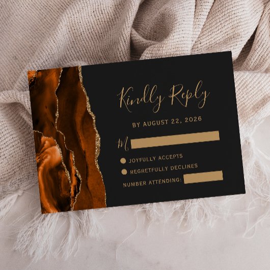 Burnt Orange Agate Gold Dark Wedding RSVP Karte