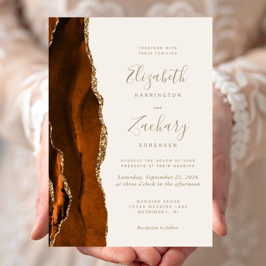 Burnt Orange Agate Gold Ivory Wedding Einladung