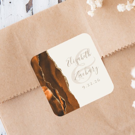 Burnt Orange Agate Gold Ivory Wedding Quadratischer Aufkleber