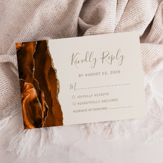 Burnt Orange Agate Gold Ivory Wedding RSVP Karte
