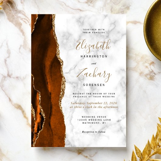 Burnt Orange Agate Gold Marble Wedding Einladung