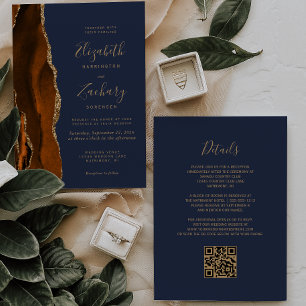 Burnt Orange Agate Gold Navy Blue QR Code Hochzeit Einladung