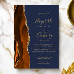 Burnt Orange Agate Gold Navy Blue Wedding Einladung<br><div class="desc">Die links Seite dieses eleganten,  modernen Hochzeitseinladens besticht durch eine gelbe,  orangefarbene Wasserfarbe,  die mit vergoldetem Imitat-Glitzer bestickt wurde. Der anpassbare Text kombiniert goldfarbene Handschrift,  Copperplate und kursiv Schriftart auf dunkelmarineblau blauem Hintergrund. Auf der Rückseite ist ein passendes Orange- und Goldagatdesign zu sehen.</div>