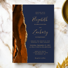 Burnt Orange Agate Gold Navy Blue Wedding Einladung
