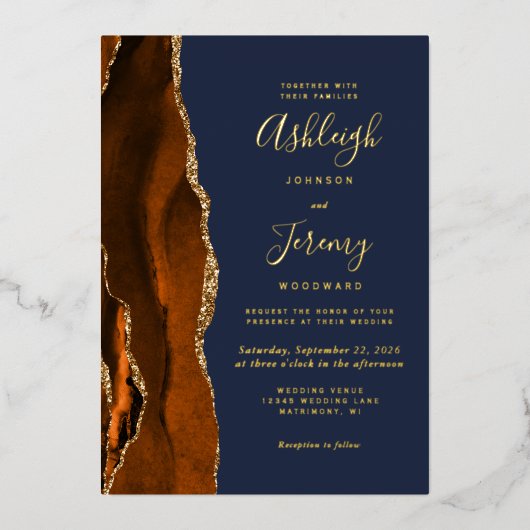 Burnt Orange Agate Gold Navy Blue Wedding Folieneinladung (Vorderseite)