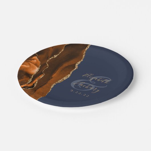 Burnt Orange Agate Gold Navy Blue Wedding Pappteller (Schrägansicht)