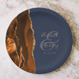 Burnt Orange Agate Gold Navy Blue Wedding Pappteller