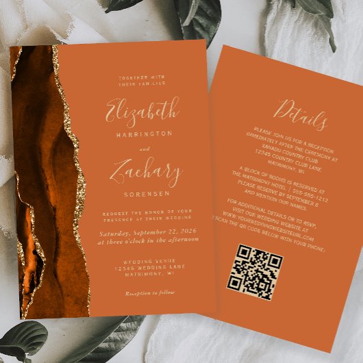 Burnt Orange Agate Gold QR Code Wedding Einladung