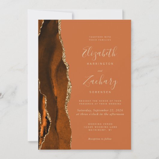 Burnt Orange Agate Gold QR Code Wedding Einladung (Vorderseite)