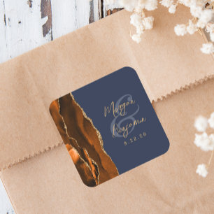 Burnt Orange Agate Gold Script Navy Blue Wedding Quadratischer Aufkleber