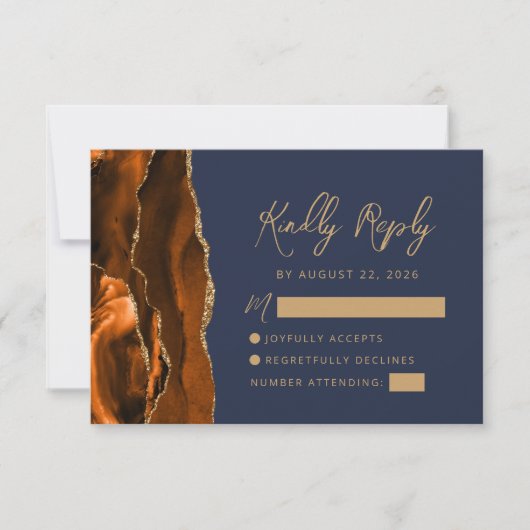 Burnt Orange Agate Gold Script Navy Blue Wedding RSVP Karte (Vorderseite)