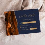 Burnt Orange Agate Gold Script Navy Blue Wedding RSVP Karte