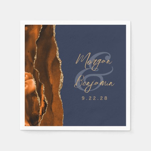 Burnt Orange Agate Gold Script Navy Blue Wedding Serviette (Vorderseite)