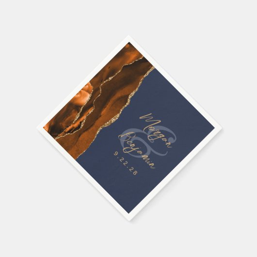 Burnt Orange Agate Gold Script Navy Blue Wedding Serviette (Ecke)