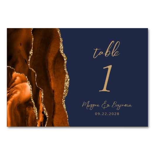 Burnt Orange Agate Gold Script Navy Blue Wedding Tischnummer (Rückseite)