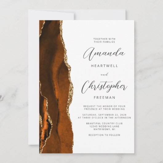 Burnt Orange Agate Gold Script Wedding Einladung (Vorderseite)