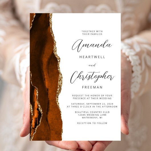 Burnt Orange Agate Gold Script Wedding Einladung