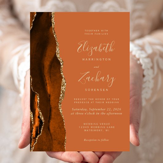 Burnt Orange Agate Gold Wedding Einladung