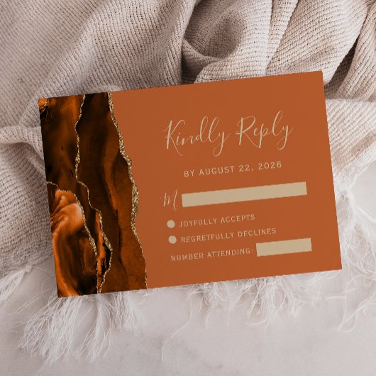 Burnt Orange Agate Gold Wedding RSVP Card