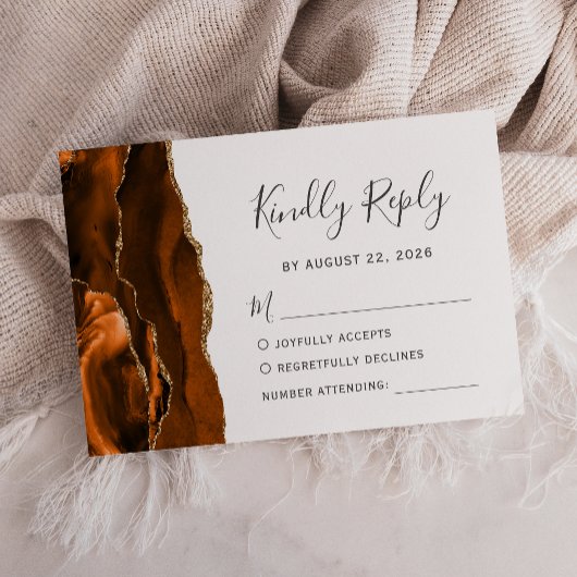 Burnt Orange Agate Gold Wedding RSVP Card