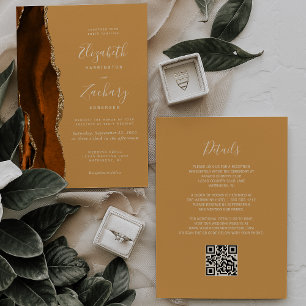 Burnt Orange Agate Honey Gold QR Code Wedding Einladung