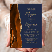 Burnt Orange Agate Navy Blue Modern Script Wedding