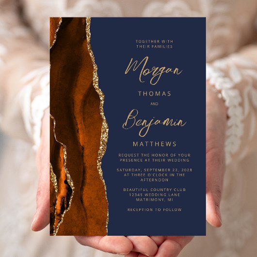 Burnt Orange Agate Navy Blue Modern Script Wedding Einladung
