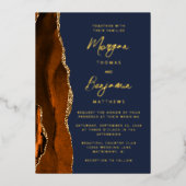 Burnt Orange Agate Navy Blue Modern Script Wedding Folieneinladung (Vorderseite)