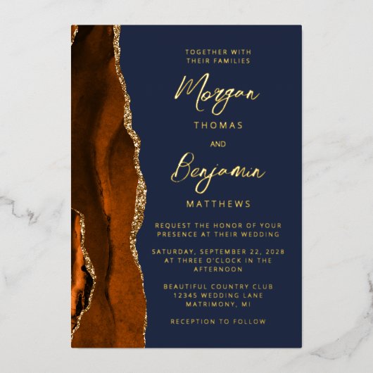 Burnt Orange Agate Navy Blue Modern Script Wedding Folieneinladung (Vorderseite)