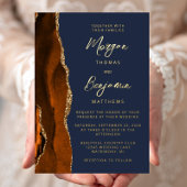 Burnt Orange Agate Navy Blue Modern Script Wedding Folieneinladung