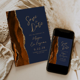 Burnt Orange Agate Navy Blue Script Save the Date Einladung