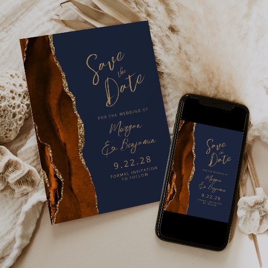 Burnt Orange Agate Navy Blue Script Save the Date Einladung