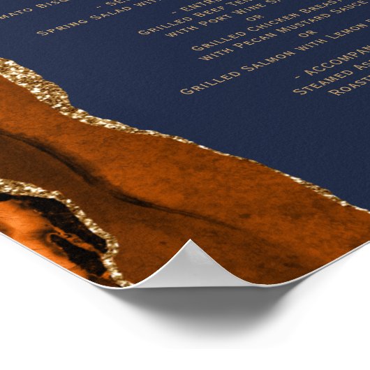 Burnt Orange Agate Navy Blue Wedding Table Menu Poster (Ecke)
