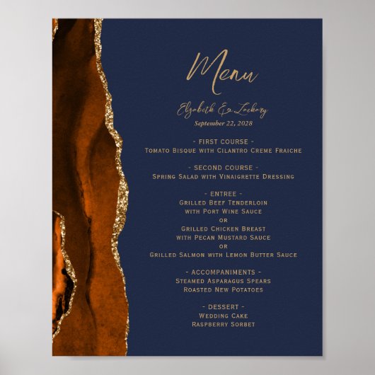Burnt Orange Agate Navy Blue Wedding Table Menu Poster (Vorne)