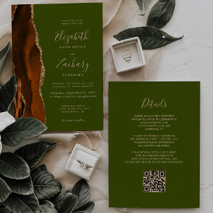 Burnt Orange Agate Olive Green QR Code Hochzeit Einladung