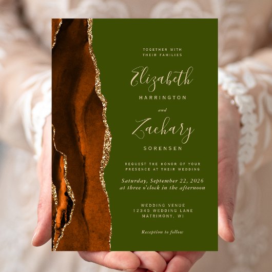Burnt Orange Agate Olive Green Wedding Einladung