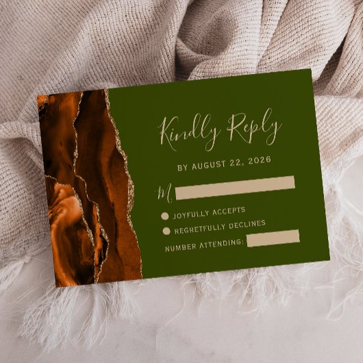 Burnt Orange Agate Olive Green Wedding RSVP Karte
