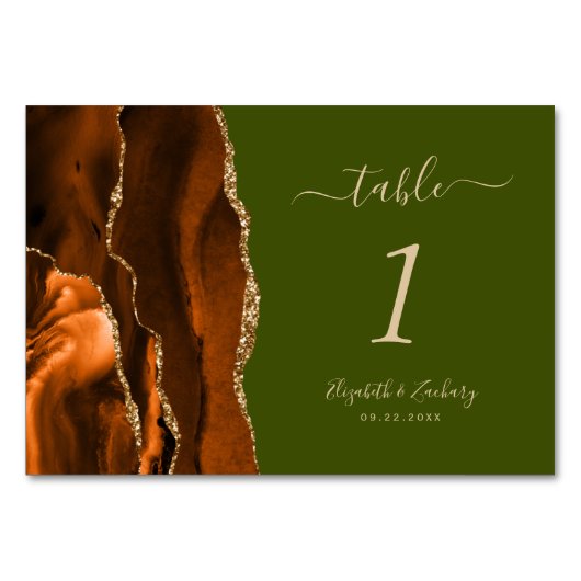 Burnt Orange Agate Olive Green Wedding Tischnummer (Vorderseite)