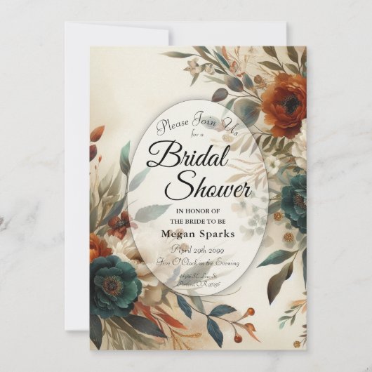 Burnt Orange and Blue Fall Flowers Bridal Shower Einladung (Vorderseite)