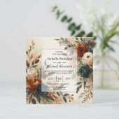 Burnt Orange and Blue Fall Flowers Wedding Einladung (Stehend Vorderseite)