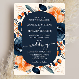 Burnt Orange and Blue Floral Wedding mit QR Code Einladung