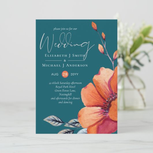 Burnt Orange and Dark Aquamarin Wedding Einladunge (Stehend Vorderseite)